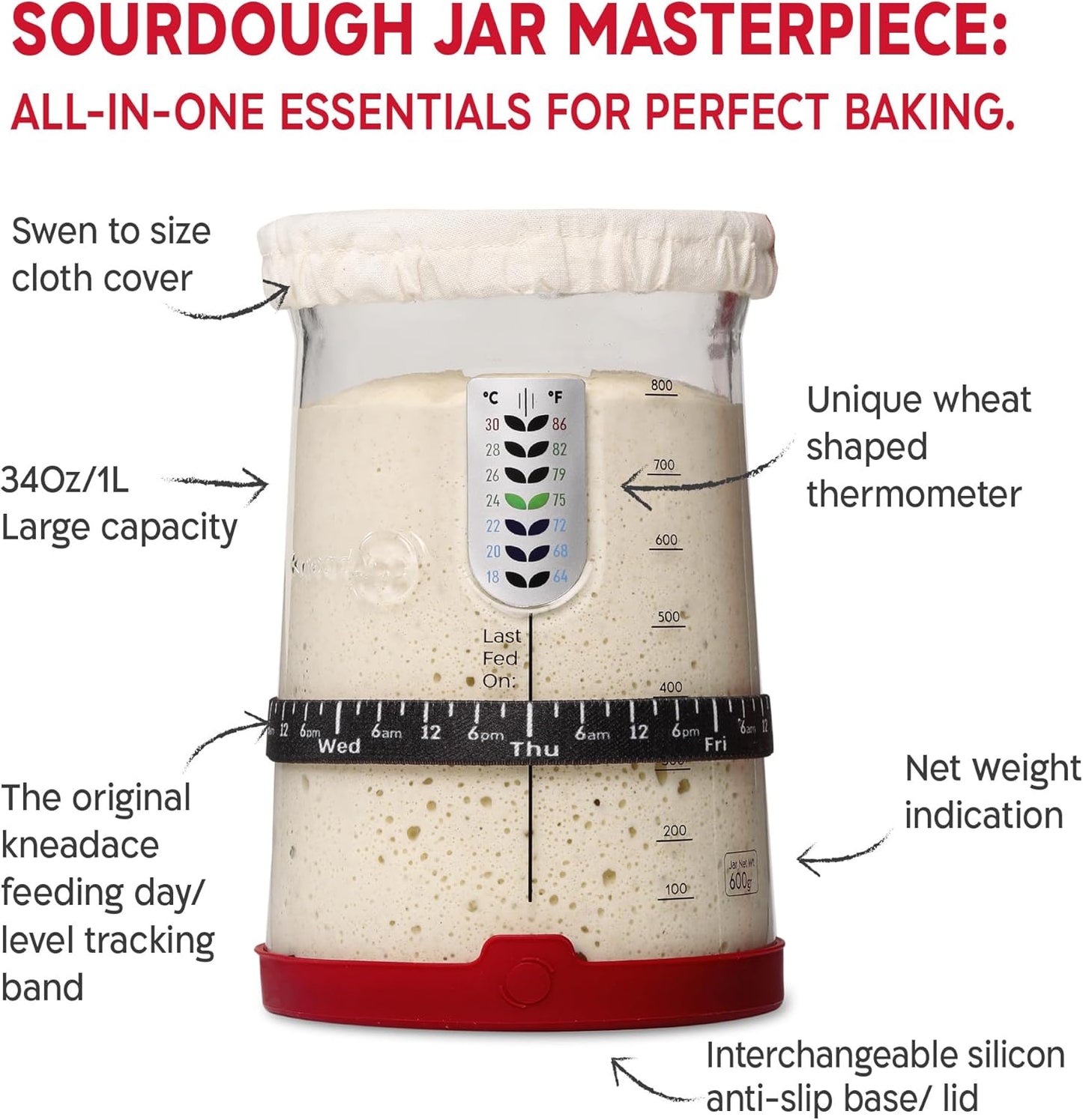 KneadAce Sourdough Starter Kit – 34oz Starter Jar, 2 Oval Banneton Proofing Baskets, Magnetic Bread Lame for Scoring – Gift for Bakers & Complete Sourdough Bread Baking Set