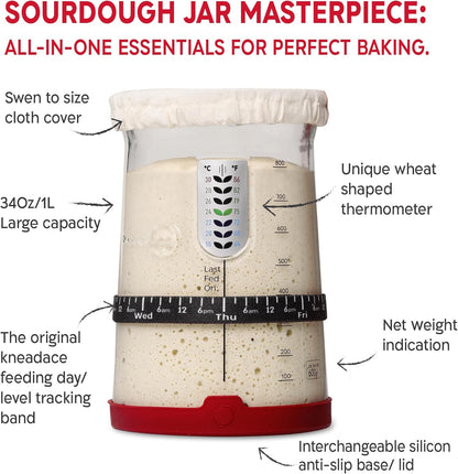 KneadAce Sourdough Starter Kit – 34oz Starter Jar, 2 Oval Banneton Proofing Baskets, Magnetic Bread Lame for Scoring – Gift for Bakers & Complete Sourdough Bread Baking Set
