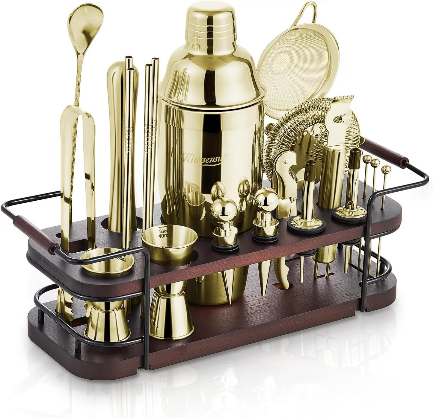 KITESSENSU Cocktail Shaker Set Bartender Kit with Stand | Complete 24-Piece Bar Set Cocktail Kit with All Bar Accessories, Gold