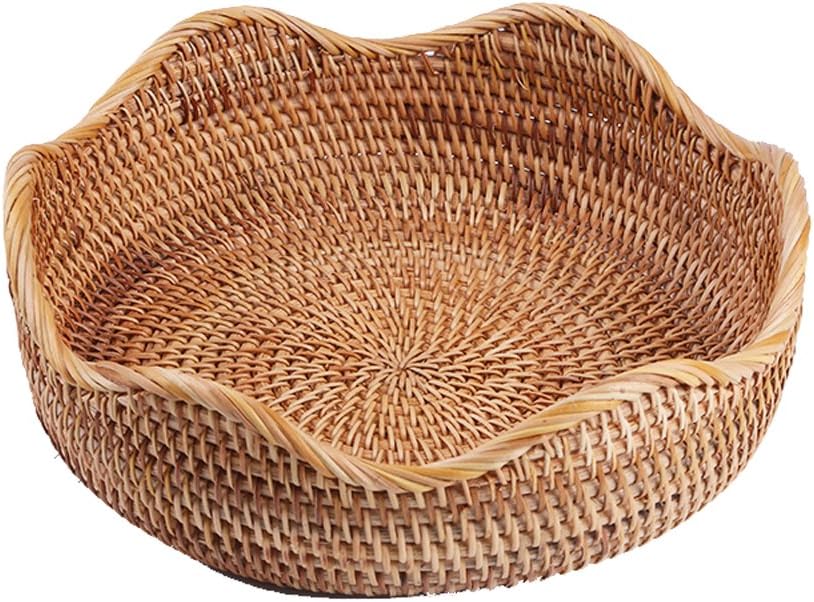 Handmade Rattan Round Fruit Basket Food Storage Bowls Kitchen Organizer Snack Serving Bowl Wavy Edge Circle Tray Basket, Boho Home Décor Display Tray for Table, Dining Room (Medium 10.2")