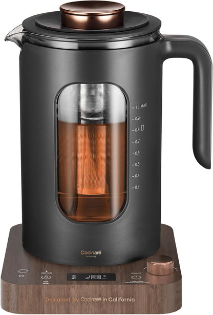 Electric Tea Kettle, INTASTING Glass Electric Kettle with tea Infuser and Precise knob temperature control, 1200W Fast Heating, BPA-Free, Easy to Clean, for Tea and coffee, 1 Liter (Wood)