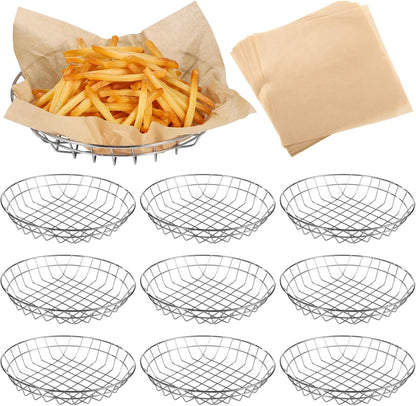 12 PCS Food Serving Wire Baskets, 9.8 x 1.8 in Wire Bread Baskets with 50 Sheets 11.8 in Square Deli Wrapper, Metal Snack Basket with Oil-Absorbing Paper for Restaurant Party