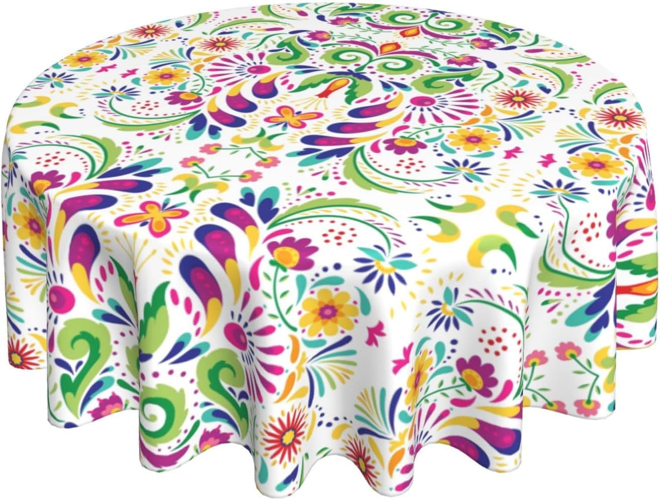 Mexican Round Tablecloth, Traditional Floral Dia De Los Muertos Azulejo Mosaic Mexico Water Resisitant Table Cover for Dining Kitchen Living Room Home Party Holiday Decor 70 inch Round