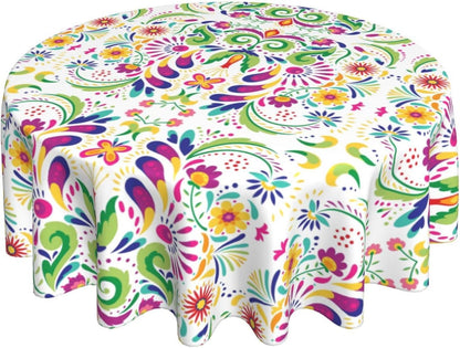 Mexican Round Tablecloth, Traditional Floral Dia De Los Muertos Azulejo Mosaic Mexico Water Resisitant Table Cover for Dining Kitchen Living Room Home Party Holiday Decor 70 inch Round
