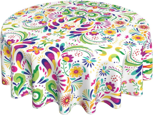 Mexican Round Tablecloth, Traditional Floral Dia De Los Muertos Azulejo Mosaic Mexico Water Resisitant Table Cover for Dining Kitchen Living Room Home Party Holiday Decor 70 inch Round