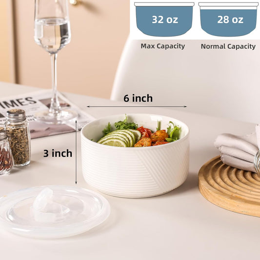 Large Ceramic Bowls with Lids: 32 oz Microwave Safe Food Storage Containers for Soup Salad Meal Prep Lunch Picnic Camping - 6 Inch, Set of 4 (White)