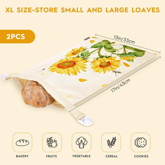 Beeswax Bread Bag, 2-Pack Beeswax Bread Bags For Sourdough, Reusable Bread Bags For Homemade Bread Sourdough, Organic Cotton & Beeswax Bags, Sunflower Series
