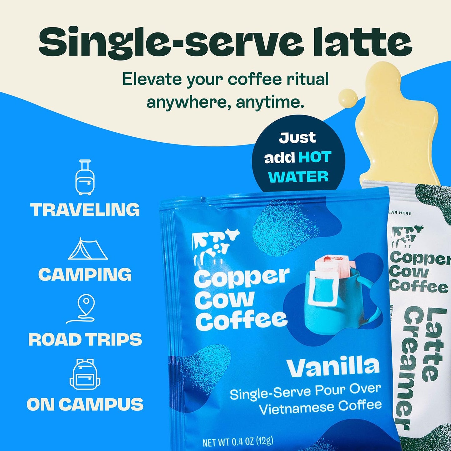 Copper Cow Coffee Pour Over Vietnamese Coffee Pouches + Sweetened Condensed Milk Creamers (8 Coffees & 8 Milk Creamers) | Vanilla Lattes, No Refrigeration Needed, Travel Friendly Ground Coffee