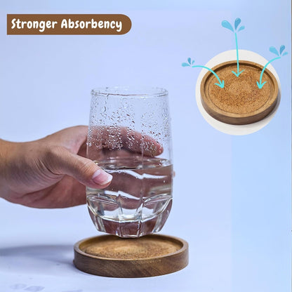 Wood Coasters for Drinks with Wooden Holder, Wooden Coaster with Cork for Tabletop Protection, Drink Coasters for Coffee Table, Desk, 4.13 Inch, Set of 6 (Rustic Coasters with Wooden Holder)