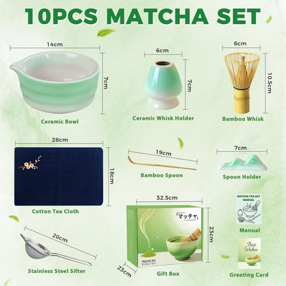 Evoio Matcha Set, 10 Pcs Japanese Matcha Whisk Set with Ceramic Bowl, Bamboo Whisk, Stainless Sifter, Scoop and Holder, Gift for Tea Lovers