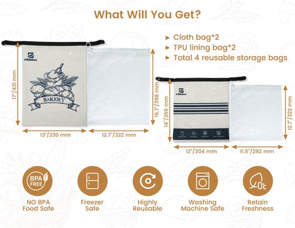 Sour Dough Bread Bags, 2 Sets Detachable Bread Storage for Homemade Sourdough, Reusable Linen Food Storage with Lining & Triple Lock for Fresh Keeping, BPA Free, Christmas Bread Maker Gifts