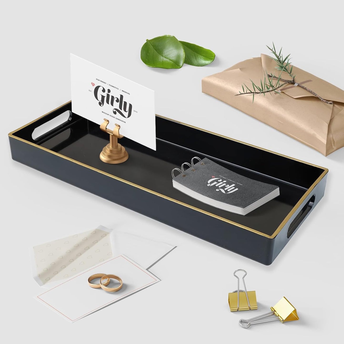 Black Vanity Tray with Handles, Decorative Tray Desktop Storage Organizer for Bathroom, Living Room, 5.9"*13.7"