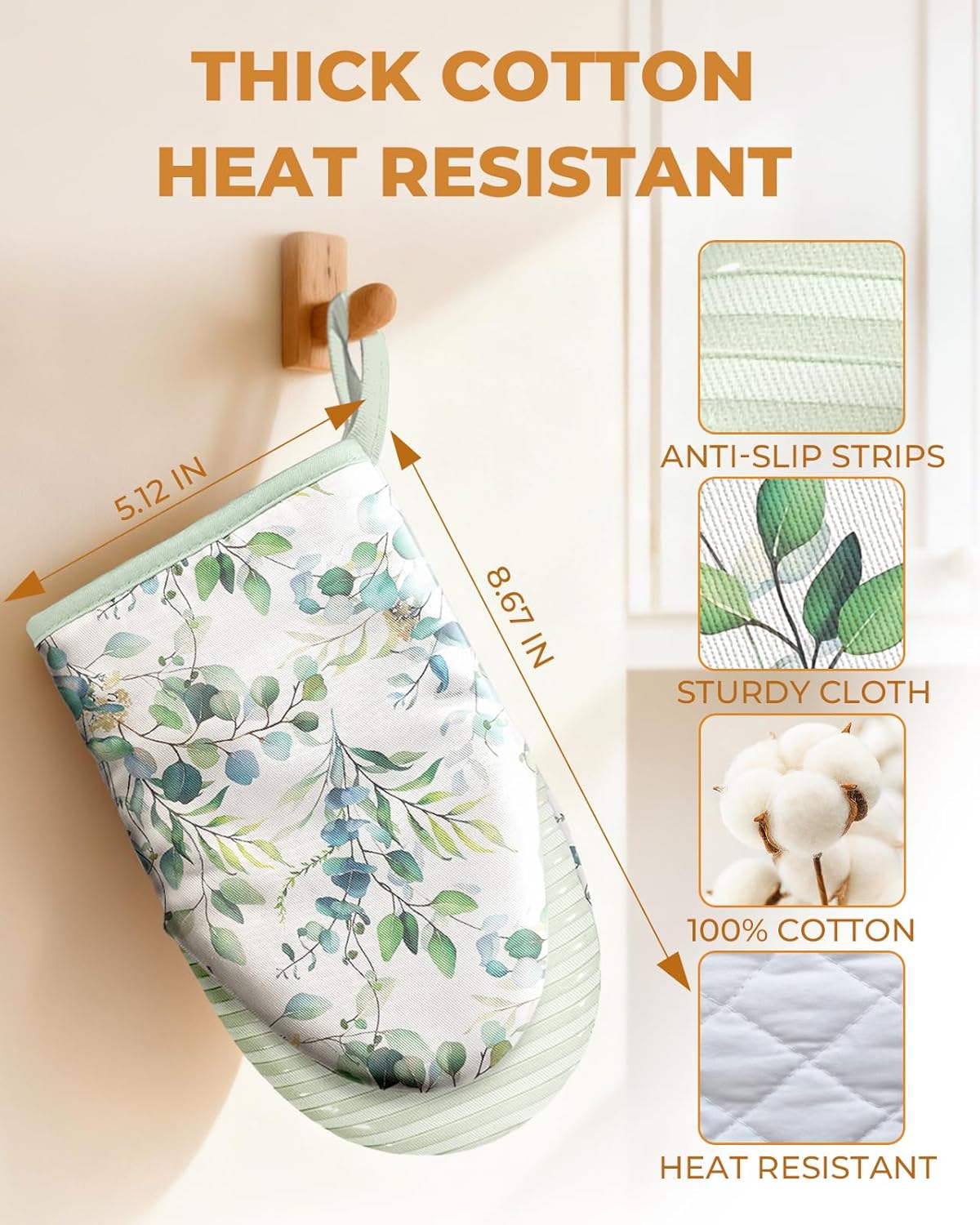 Slohif Sage Green Mini Oven Mitts Set – Flower Extended Short Heat Resistant Kitchen Gloves for Women, 100% Cotton Oven Mitts with Silicone Grips, Non-Slip and Thick Durable for Cooking & Baking