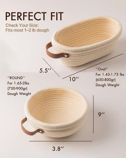 Crispier Crust Cotton Rope Banneton Bread Proofing Basket Set, Oval & Round Bread Baskets with Liners & Covers for Artisan Bread Baking, Sourdough Bread Baking Supplies(Cream)