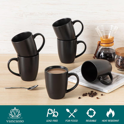 vancasso PLAYA Ceramic Coffee Mug Set of 6, 16 Oz Tea Cups with Handle for Latte, Tea, Cappuccino, Milk, Cocoa, Microwave&Dishwasher Safe, Black