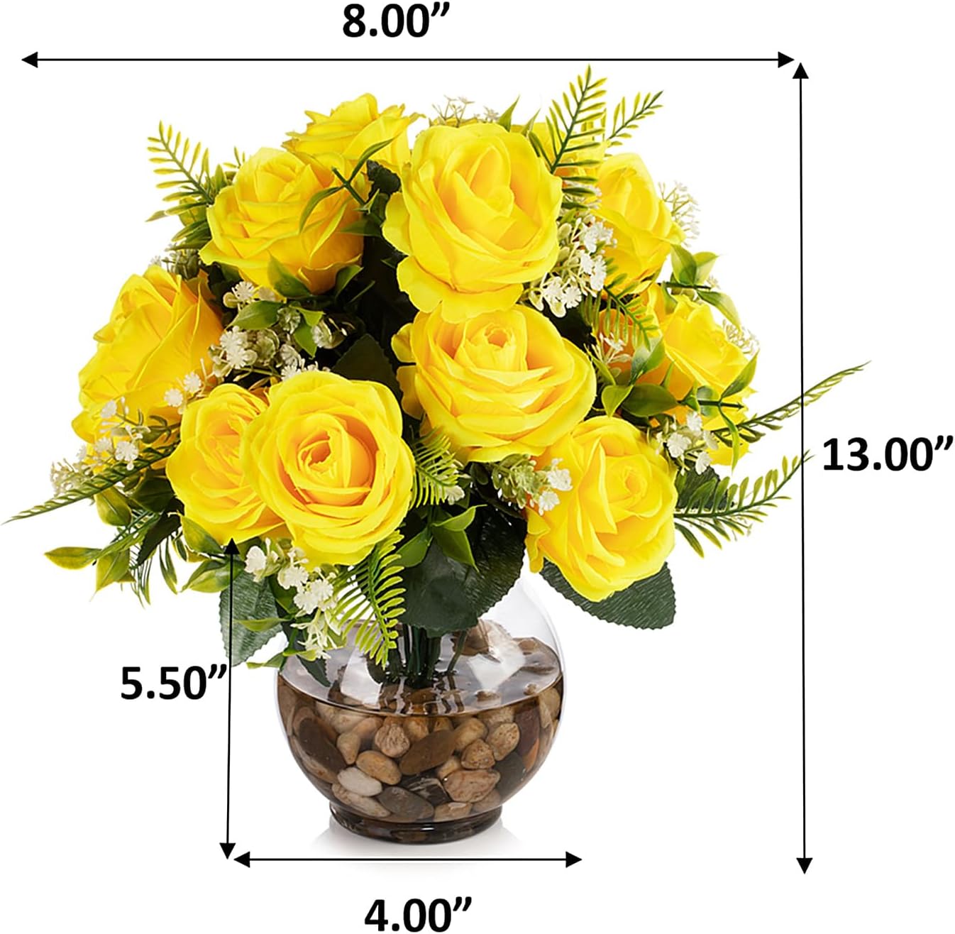ENOVA FLORAL 18 Heads Silk Rose Artificial Flowers in Vase,Faux Rose Flowers Arrangement in Round Bowl Vase with Faux Water and River Rock for Table Decor Centerpieces (Yellow)