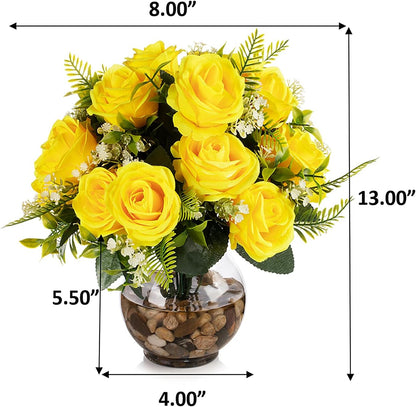 ENOVA FLORAL 18 Heads Silk Rose Artificial Flowers in Vase,Faux Rose Flowers Arrangement in Round Bowl Vase with Faux Water and River Rock for Table Decor Centerpieces (Yellow)