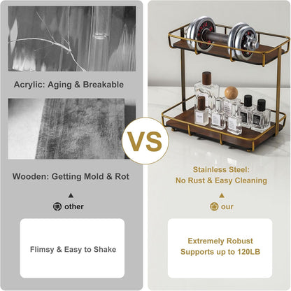 Bathroom Organizer Countertop Perfume Organizer Makeup Organizer Cosmetics Storage Display Rack Vanity Tray Dresser Stainless Steel Gold Shelf Wooden Tray