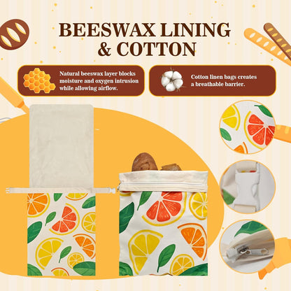 Beeswax Bread Bags for Sourdough 2 Pack 13"x17" Eco-Friendly Reusable Linen Cotton Storage Bags with Zipper Closure for Homemade Bread Fresh-Keeping, Freezer-Safe (Blood orange)