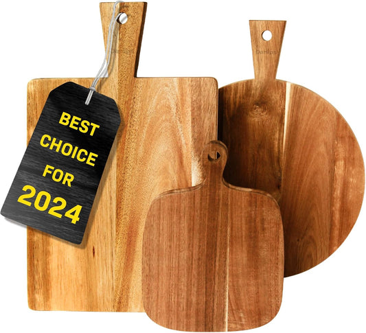 Acacia Wood Cutting Board 3 Pack with Handles, Wooden Charcuterie Boards Set for Kitchen - Round, Rectangular, and Small Paddle Serving Trays for Cheese, Meat, Pizza, Bread, and Fruits