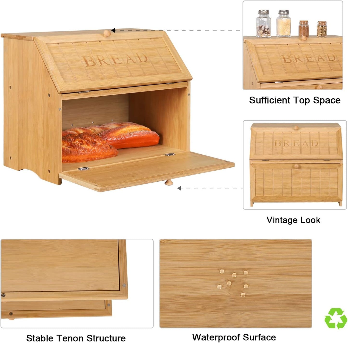 HOMEKOKO Vintage Double Layer Large Bread Box for Kitchen Counter, Retro Design Wooden Large Capacity Bread Storage Bin (Natural Bamboo)