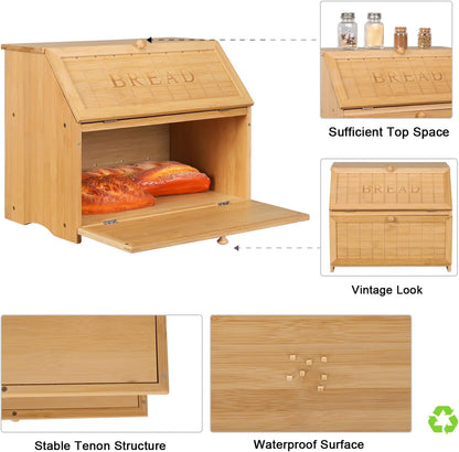 HOMEKOKO Vintage Double Layer Large Bread Box for Kitchen Counter, Retro Design Wooden Large Capacity Bread Storage Bin (Natural Bamboo)