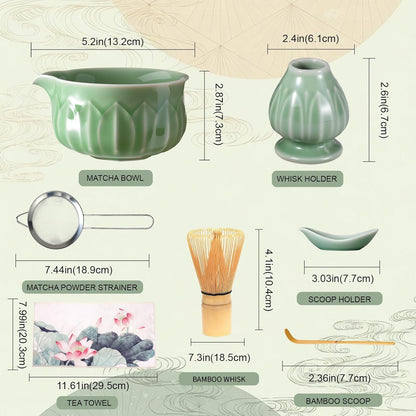 ZentButCool Matcha Set Includes Ceramic Matcha Bowl, Bamboo Whisk (Chasen), Scoop, Stainless Steel Matcha Sifter, And Whisk Holder (Nature)