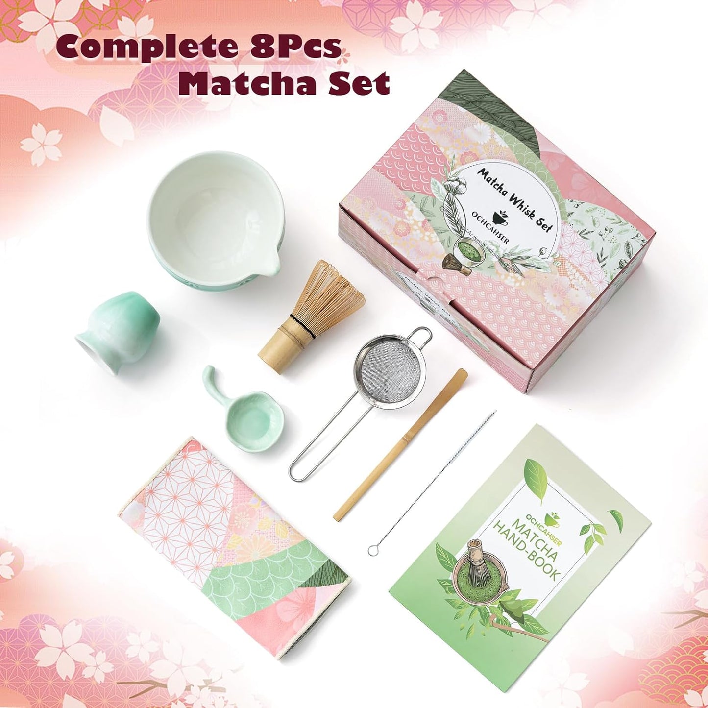 Matcha Tea Set, 8 Pcs Japanese Matcha Kit with Cherry Blossom and Wave Design Ceramic Bowl, Bamboo Whisk, Whisk Holder, Scoop, Sifter, Brush, Matcha Kit Set for Matcha Lovers (Green Gradient)