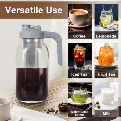Cold Brew Coffee Maker Pitcher,32 Oz Glass Mason Jar Pitcher with V-shaped Pour Spout Handle Lid,Stainless Steel Filter for Iced Coffee,Iced tea,Breast Milk,Fruit Drinks,lemonade-Gray