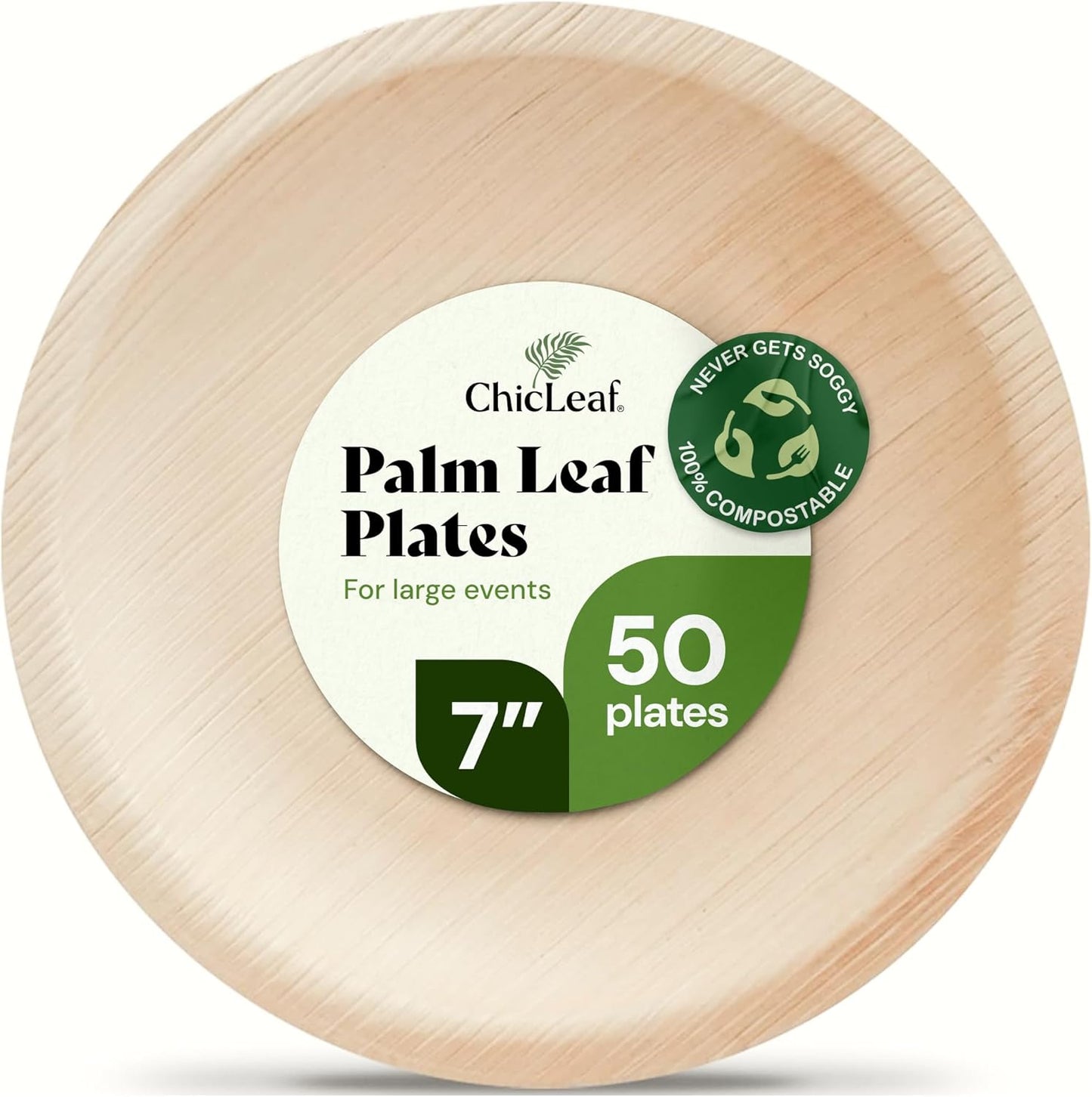 Chic Leaf Palm Leaf Disposable Bamboo Plates - Palm Leaf Plates for Weddings & Event Appetizers - Biodegradable & Compostable - Christmas Meal Turkey Holiday Dinner, Party Supplies (7", 50 Pack)
