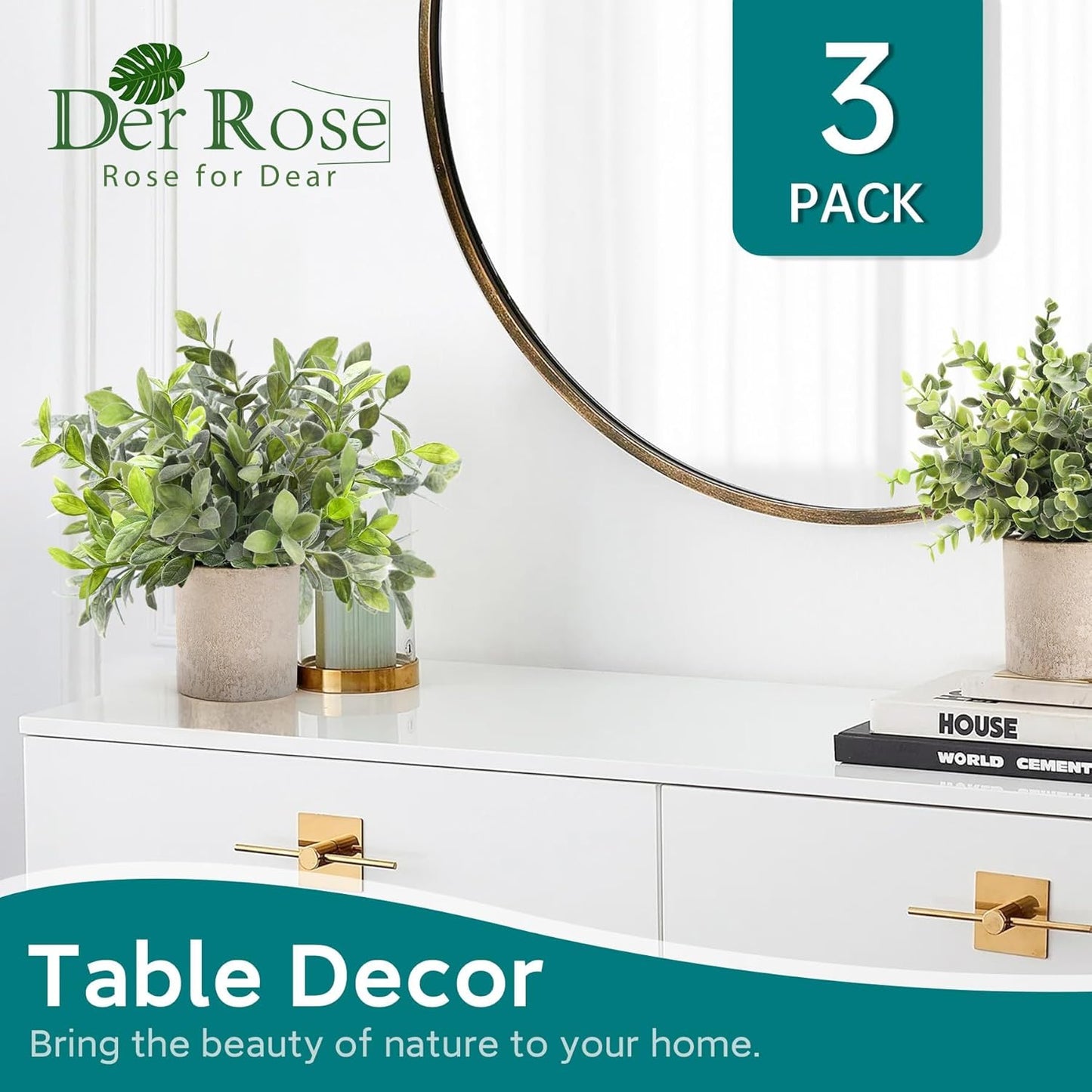 Der Rose 3 Pack Mini Potted Fake Plants Artificial Plastic Eucalyptus Plants Topiaries for Home Office Desk Farmhouse Shelf Room Bathroom Decor(Sage Green)