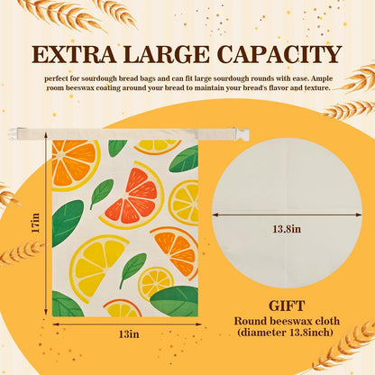 Beeswax Bread Bags for Sourdough 2 Pack 13"x17" Eco-Friendly Reusable Linen Cotton Storage Bags with Zipper Closure for Homemade Bread Fresh-Keeping, Freezer-Safe (Blood orange)