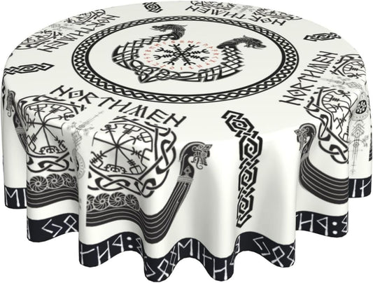 Norse Viking Tablecloth, Nordic Mythology Ancient Mythical Viking Ethnic Style Mythical Animal Water Resisitant Table Cover for Dining Kitchen Living Room Home Party Holiday Decor 60 inch Round