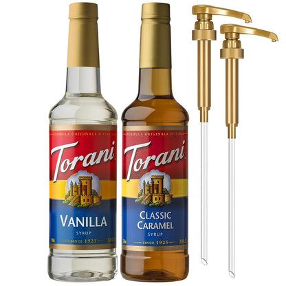 Torani Syrups, Classic Caramel and Vanilla Syrup Variety 2-Pack, Coffee Syrups for Drinks, Pumps Included, 25.4 Fl Oz Ea