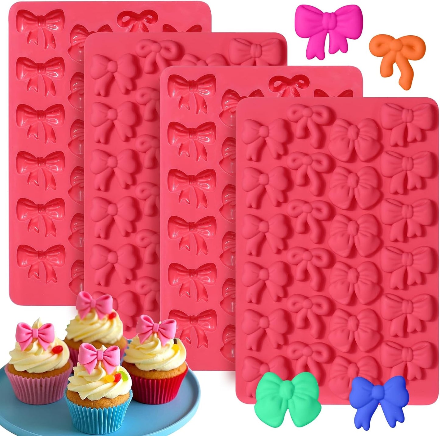 Bow Chocolate Silicone Molds, 4 Pack 96 Cavities Mini Bows Sugar Candy Molds Bowknot Cake Pop Mold DIY Cupcake Toppers Cake Decorating for Birthday Wedding Party