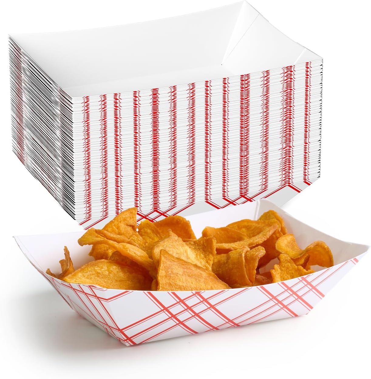 ECOLipak 100 Pack 2lb Paper Food Tray Red, Disposable Paper Food Boats, Food Holder Trays, Serving Boats for Taco Snack Nacho Hot Dog