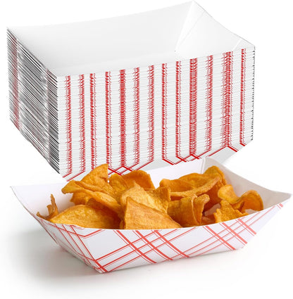 ECOLipak 100 Pack 2lb Paper Food Tray Red, Disposable Paper Food Boats, Food Holder Trays, Serving Boats for Taco Snack Nacho Hot Dog