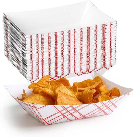 ECOLipak 100 Pack 2lb Paper Food Tray Red, Disposable Paper Food Boats, Food Holder Trays, Serving Boats for Taco Snack Nacho Hot Dog