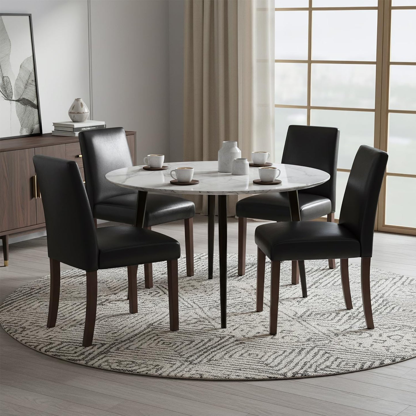 Dining Chairs Set of 4, Modern Faux Leather Dining Room Chair, Upholstered Parsons Kitchen Chairs for Restaurant & Cafe- Black