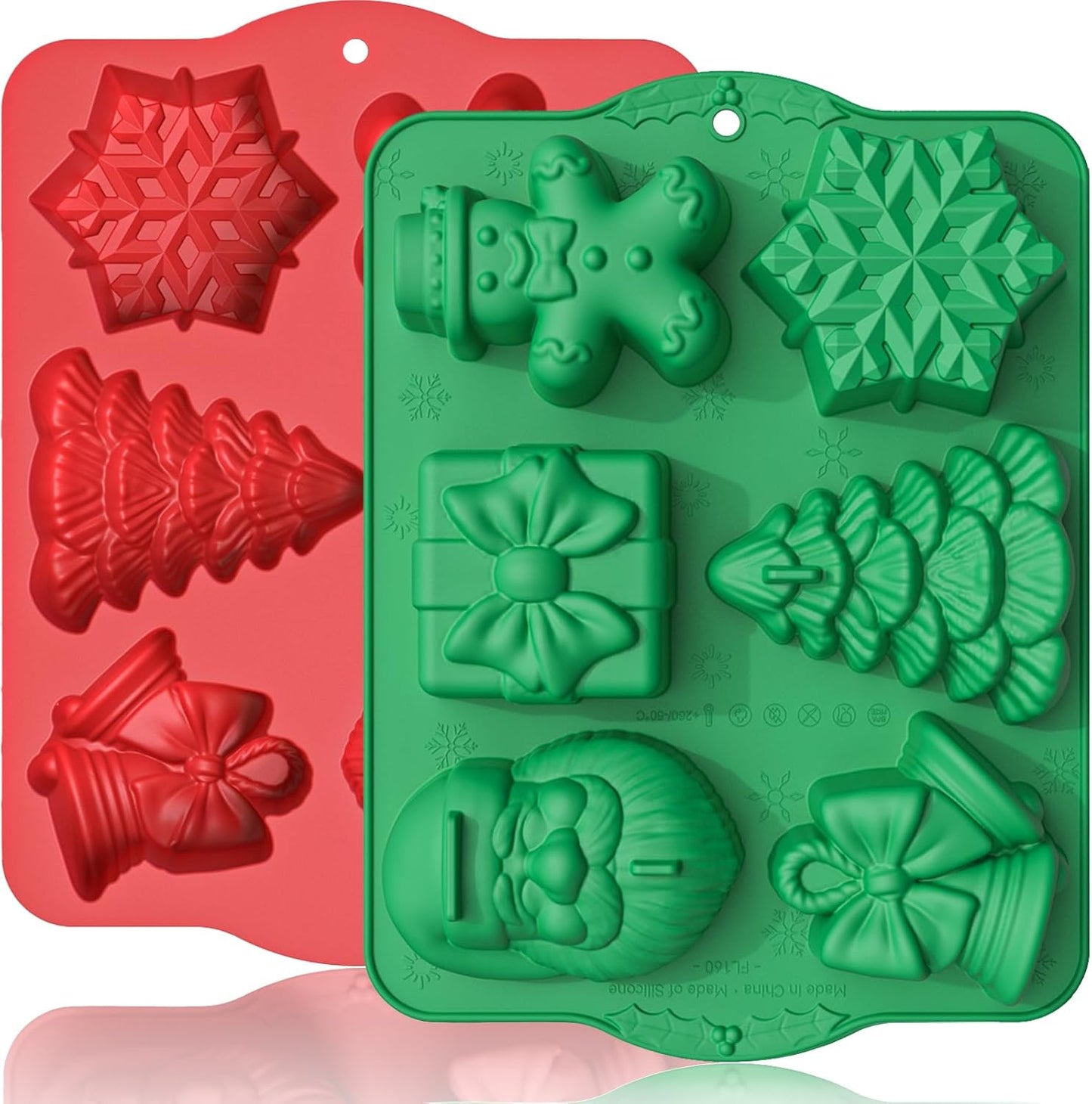 HKNMTT Large Christmas Silicone Molds for Baking Cake Muffins Oven Safe Freezing Soap Candle Cocoa Bomb Food Grade Tray, Deep Snowflake Tree Santa Gingerbread Gift Bell 6 Holiday Shapes Mould 2PCS