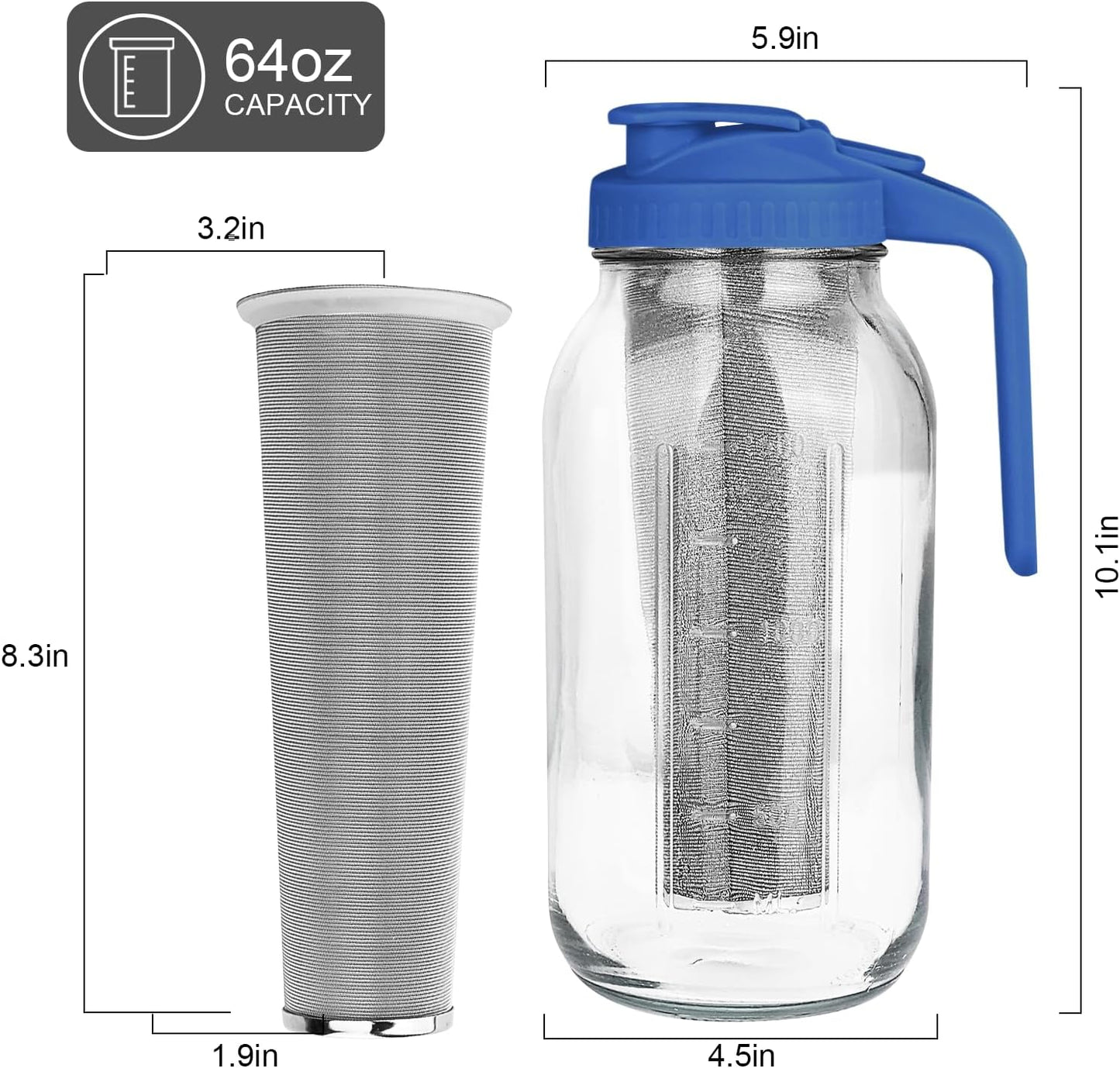 Cold Brew Coffee Maker,64 oz Mason Jar Pitcher with Stainless Steel Filter, Pour Spout Handle Lid, Heavy Duty Glass Airtight & Leak-Proof for Iced Coffee Tea & Lemonade -Blue