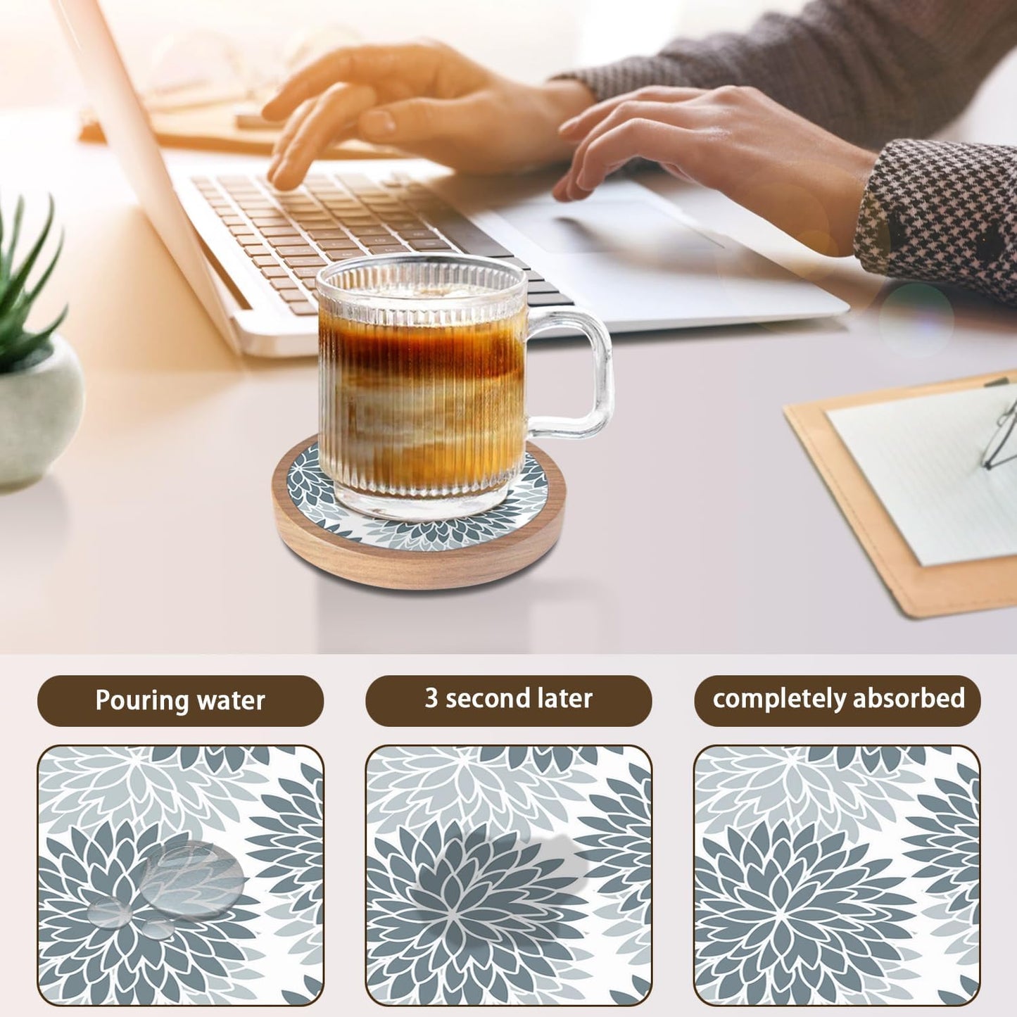 Wood Coasters Set of 4 with Holder, Cewiru Cup Mat for Drinks, Absorbent Coasters with Felt Insert for Coffee Table Protection, Modern Style Home Dining Table Decor, 4.3" Grey