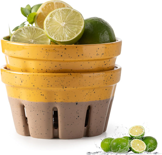 Gomakren Fruit Bowl with Holes, Ceramic Berry Basket Set of 2, 5.8 Inch Round Fruit Storage Containers, Strawberry Baskets, Farmhouse Kitchen Decor, Yellow + Brown