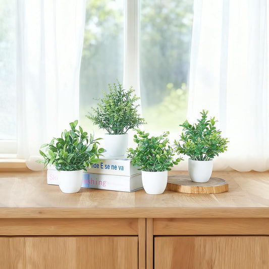 Mkono 4 Packs Fake Plants Mini Artificial Greenery Potted Plants Faux Eucalyptus for Christmas Home Decor Indoor Office Table Shelf Room Bathroom Farmhouse Decor