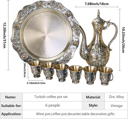 Vintage Turkish Coffee Pot Set for 6 Including Tray and Teapot,Metal Cups,Teapot and Cup Set for One,Tea Service Set for Home Tea Table Decor,Wedding Ornaments(Brass)