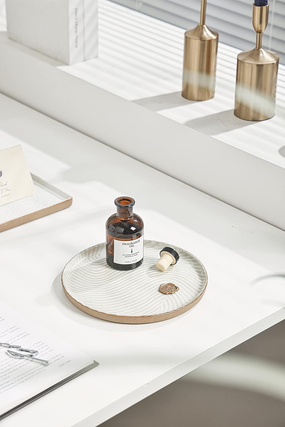 Vanity Tray with Brown Trim - Candle & Perfume Holder Organizer - Decorative Round White 8"8" Countertop Tray for Bathroom & Dresser