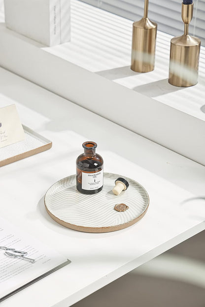 Vanity Tray with Brown Trim - Candle & Perfume Holder Organizer - Decorative Round White 8"8" Countertop Tray for Bathroom & Dresser