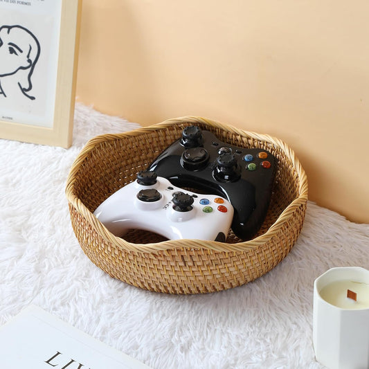 YANGQIHOME Rattan Bread Basket, Round Fruit Baskets, Scalloped Wicker Storage Bowls, Natural Woven Serving Basket Bowls, Decorative Baskets for Kitchen Counter Organizing, 1 Pack, M size