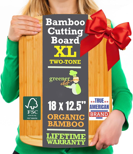 Organic 18 Inch Extra Large Bamboo Cutting Board with Lifetime Replacements - Non Toxic Wood Chopping Board with Juice Groove for Kitchen, Meat, Vegetables, and Food Prep Prep by Greener Chef