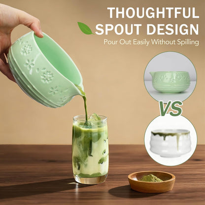 Matcha Whisk Set, Ceramic Bowl with Spout, Bamboo Matcha Whisk & Spoon, Chasen Holder, Scoop Rest, Sifter, 8-Pcs Japanese Matcha Powder Kit–Gift for Ceremony & Matcha Lovers-Mint